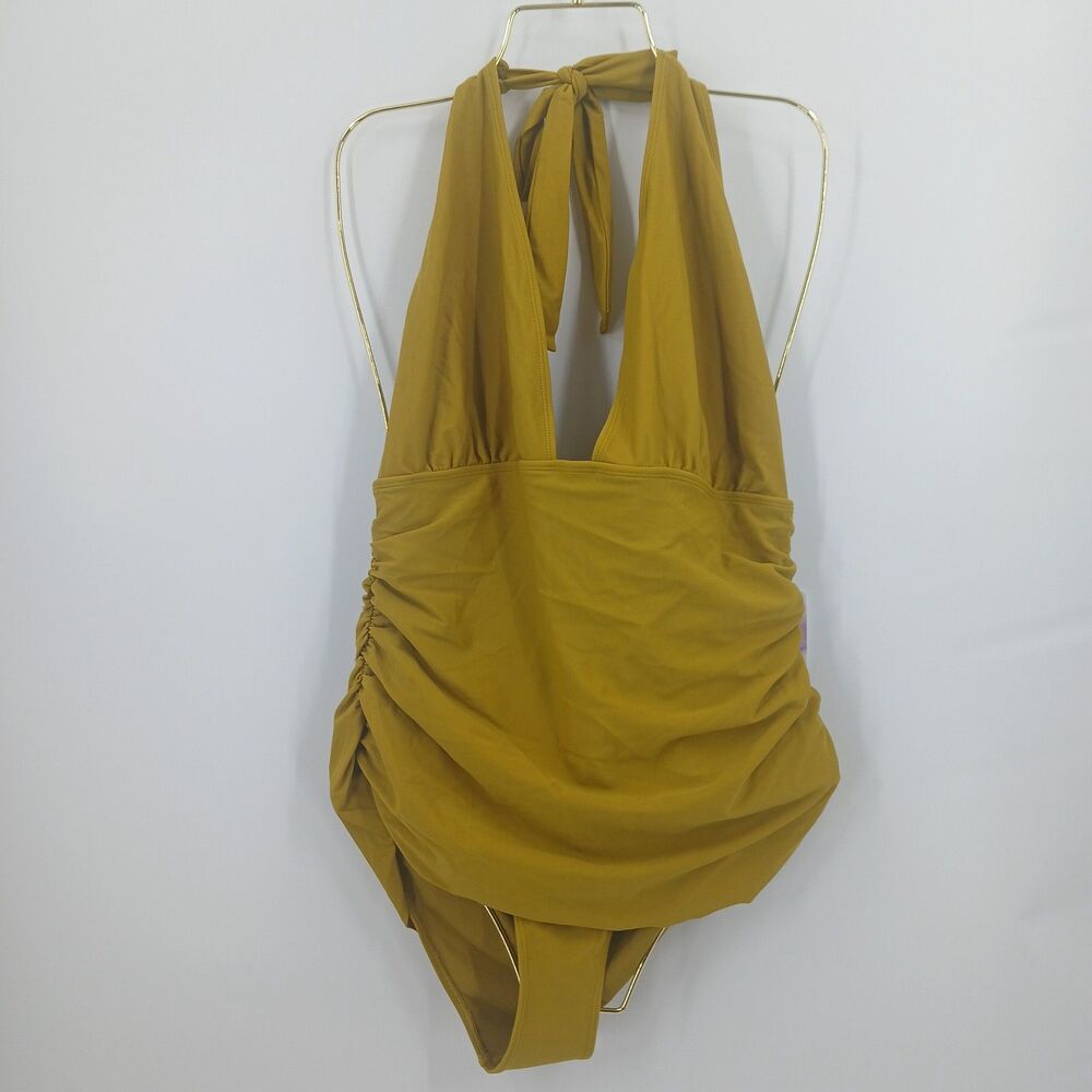womans forever 21 plus size 2XL one piece swimwear Ruched Halter mustard yellow - Picture 1 of 6